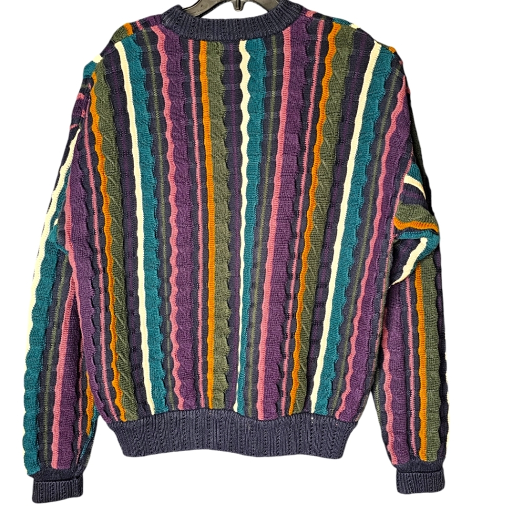 Y2K Structure 3D Multi-Colored Striped Crew Neck Cotton Size Mens L - Picture 2 of 10